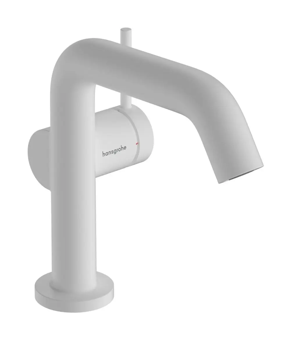 Hansgrohe-Waschtischmischer in mattem Weiß mit einem langen, gebogenen Auslauf und einem seitlichen Hebel zur Temperatur- und Mengeneinstellung.
